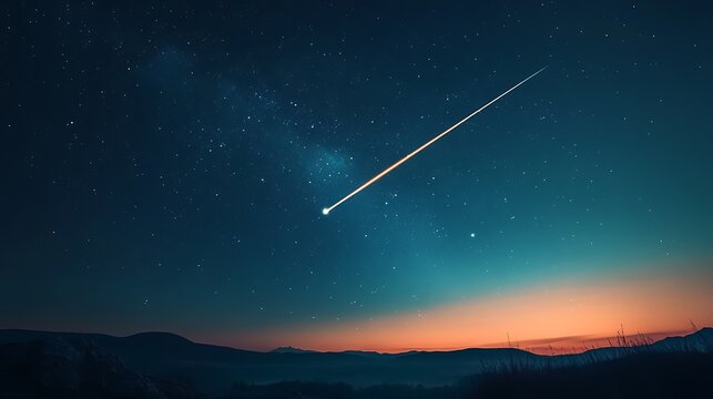 A dazzling light trail moving across the night sky with a backdrop of distant planets and stars