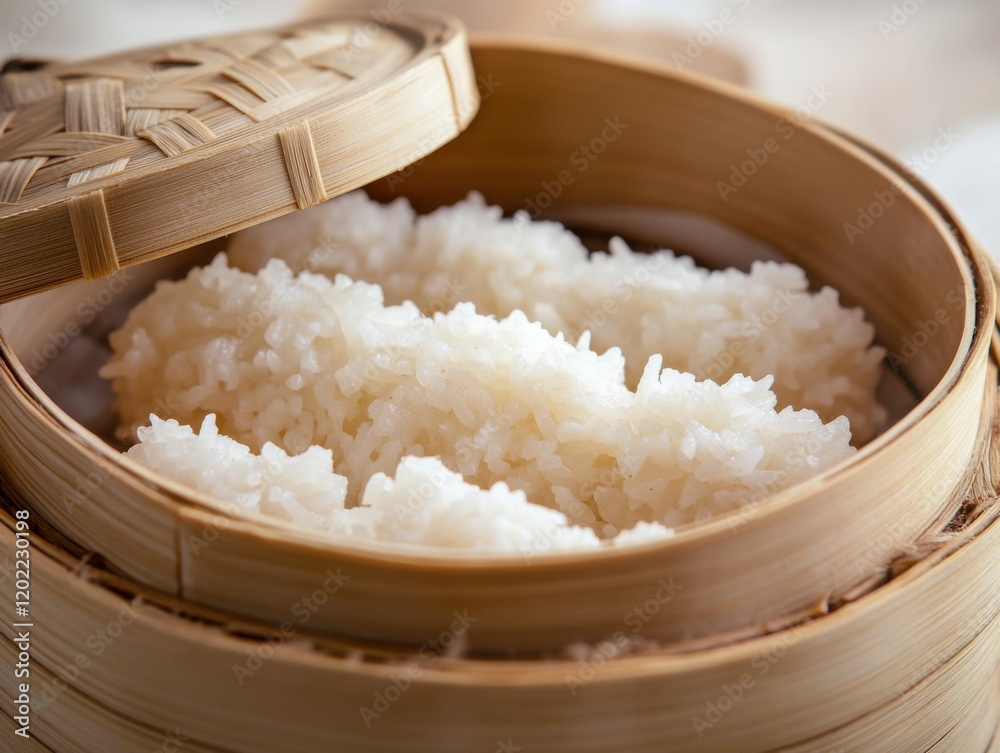 Canvas Prints Steamed white rice in a traditional bamboo steamer. Emphasizing the traditional cooking method and the fluffiness of the rice. Ideal for culinary blogs and Asian cuisine features.