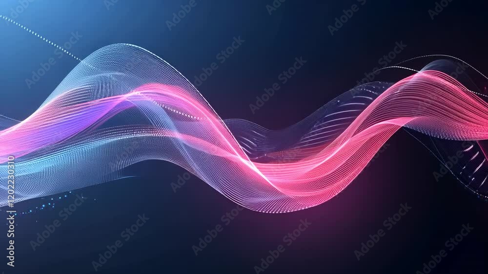 Leinwandbilder Video with a dynamic and energetic world of digital art with a mesmerizing display of glowing pink and blue waves formed by digital particles on a dark blue backdrop. 