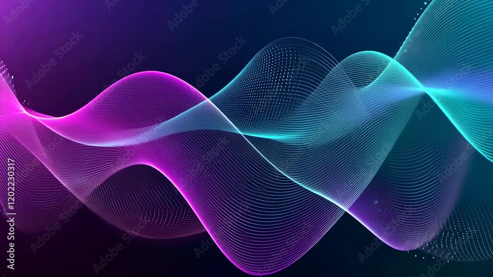 Poster Video with a journey of wonder and energy in a digital realm with flowing waves of purple and blue glowing particles on a dark blue backdrop. 