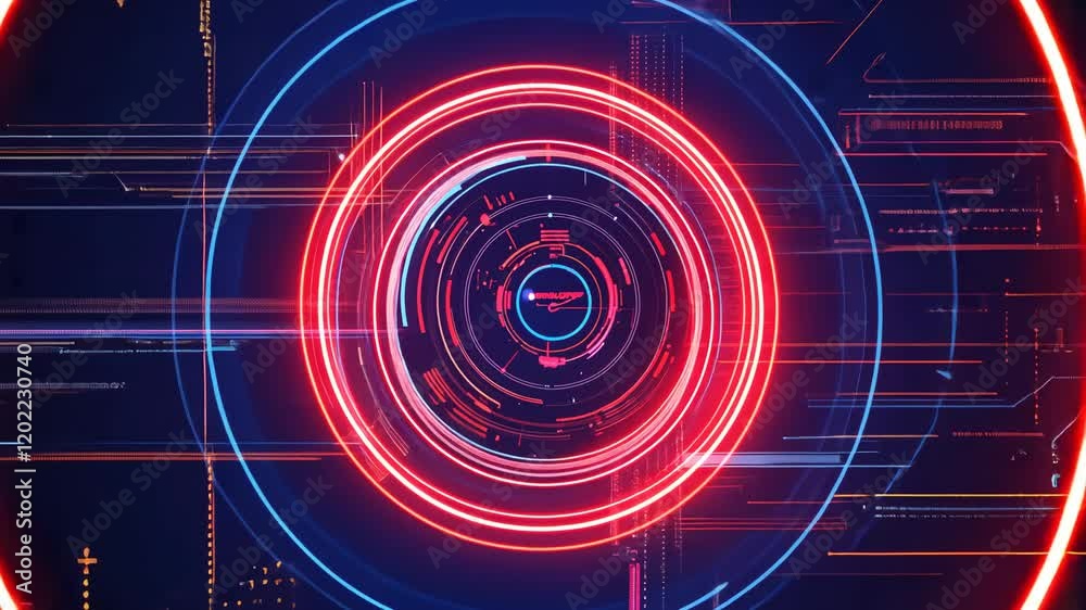 Poster Video with a futuristic and dynamic digital abstract design featuring vibrant red and blue glowing lines, circles, and squares on a dark blue background.