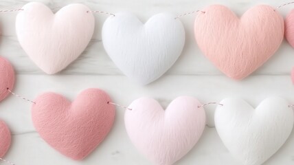 Fototapeta premium Valentine's Day and DIY gifts concept. Colorful felt hearts arranged in a row on a rustic wooden background.