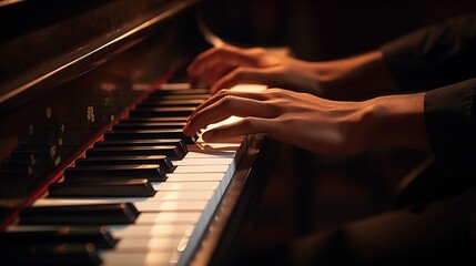 Obraz premium A close-up of a hand playing a piano, golden hour lighting, soft natural light,generative ai illustration