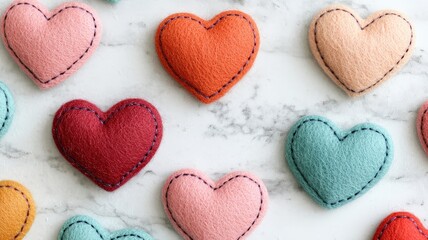 Obraz premium Valentine's Day and DIY gifts concept. Colorful felt hearts arranged on a marble surface, perfect for crafts and decorations.