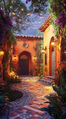 Fototapeta premium Traditional latin american hacienda with lush courtyard at twilight