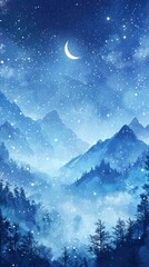 Naklejka premium Serene winter night crescent moon over snowy mountains
