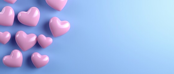 Cute pink hearts scattered on a soft blue background, perfect for romance themes.