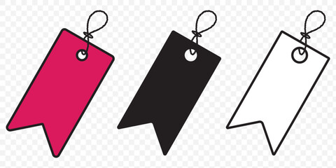 Four red hanging wobbly sale tags with strings isolated on transparent background. Set of Sale tags and labels. Price tag. Group of Hanging red sales tag . Collection of Paper label. Special offer.