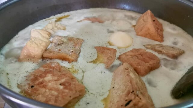 The cooking process of Opor, a type of Indonesian dish cooked and braised in&nbsp;coconut milk with various spices. Opor ayam telur tahu tempe, braised chicken, eggs, tofu, and tempeh in coconut milk. 