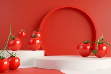 Fresh Red Tomatoes on Red Background with Circular Display Elements