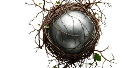 A tangled web of vines and twisted metal encasing a shimmering silver orb, surreal landscape, cosmic
