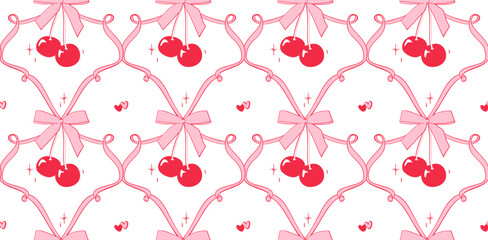 Seamless checkered hand drawn pattern with red cherries tied in pink bows, small hearts, sparkles, and ribbons. Coquette vintage aesthetic wallpaper, stylish romantic background for print, fabric.