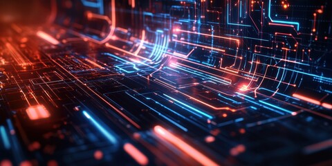 Fototapeta premium A digital circuit board glows with blue and red lights, illustrating a futuristic design. This landscape evokes a sense of advanced technology and innovation