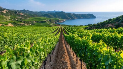 Naklejka premium Coastal vineyard rows, Mediterranean sea view, summer sun. Tourism, wine production