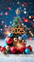 Vibrant New Year celebration with sparkling decorations and festive colors welcoming 2025