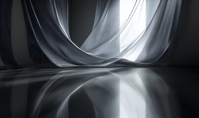 Abstract flowing gray fabric in a room with light shining through a window