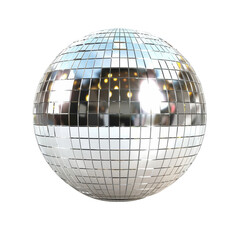 A sparkling silver disco mirror ball, isolated on a white background, reflecting light in a dazzling