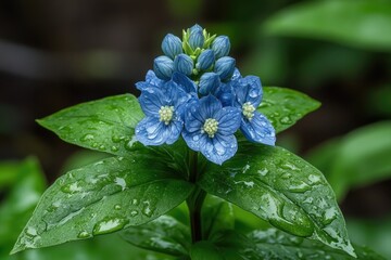 Blue Flowers Dew Drops Green Leaves Nature