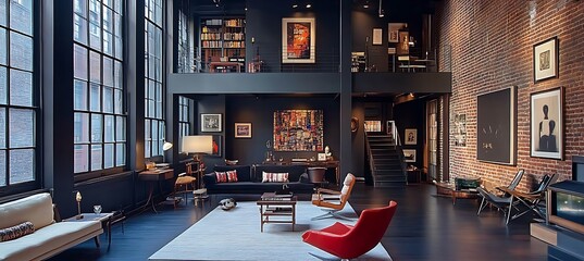 Naklejka premium An upscale urban loft with high ceilings, stylish furniture, and a creative layout