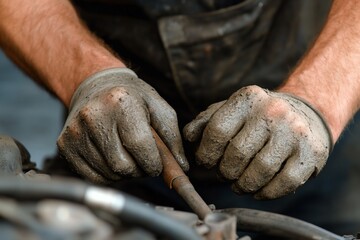 Mechanic's dirty hands repair engine