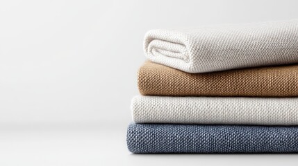 fabric textures stacked neatly showcasing three folded blankets offering luxurious warmth and comfort perfect for interior design and cozy home decor photography