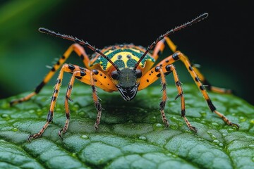 Fototapeta premium Colorful Beetle on Green Leaf Close Up