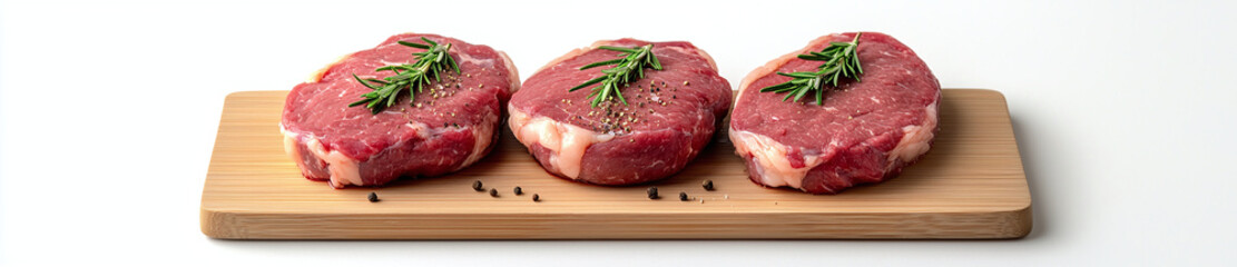 Fototapeta premium Fresh raw meat steaks with rosemary and pepper on wooden board, perfect for grilling or cooking. Ideal for meat lovers and culinary enthusiasts