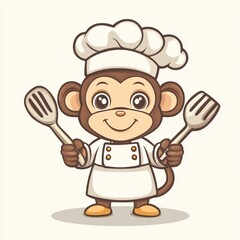 Chef monkey cooking, kitchen tools, white background, children's illustration