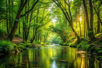 Fototapeta premium A tranquil forest stream flows through the underbrush, surrounded by lush greenery and towering trees, forest stream, leafy, water, serene, peaceful