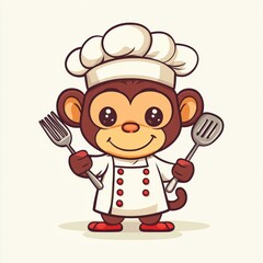 Monkey chef cooking, kitchen tools, cute cartoon, food blog