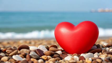 Fototapeta premium Romantic heart on pebble beach coastal serenity nature photography calm seaside vibrant heart concept