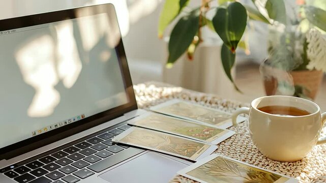Virtual Tarot Reading Session with Herbal Tea and Laptop