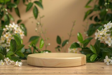 Round Wooden Platform Surrounded by Green Leaves and White Flowers