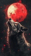 Wolf howling at a crimson moon