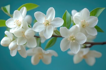 Delicate white blossoms on a branch against a teal background