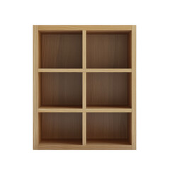 A minimalist wooden shelving unit with six empty compartments stands against a white background.