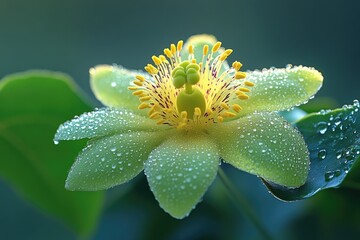 Dewdrops adorn a vibrant green flower with yellow center