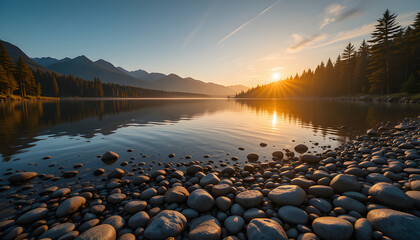 Serene sunset over tranquil lake surrounded by mountains and pine trees with smooth pebbles along the shore