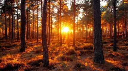 Obraz premium Sunset in pine forest, golden light through trees, tranquil nature scene, perfect for travel or nature documentaries
