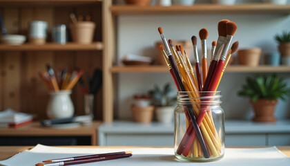 Colorful art brushes in jar on studio shelf, creative inspiration