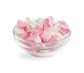 Sugary sweet homemade festive marshmallow chewy snack or zephyr dessert of heart shape of pink colour in glass bowl isolated on white background made of sugar and gelatin for valentines day holiday