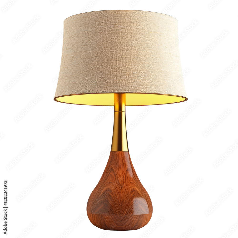 Poster A modern and elegant table lamp features a wooden base and a beige fabric lampshade providing soft illumination.