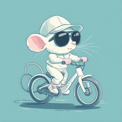 Obraz premium Cool mouse riding bike, pastel background, children's illustration