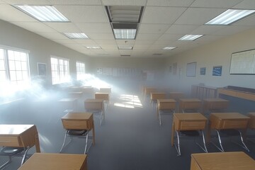 Fototapeta premium Empty Classroom Filled With Fog And Sunlight