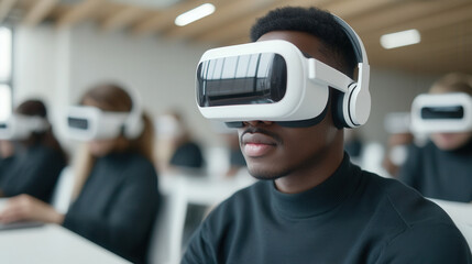 Students engage in virtual coding sessions during a metaverse bootcamp focusing on interactive programming lessons and tech education. child in 3d virtual reality glasses