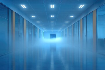 Fototapeta premium Foggy Office Corridor With Glass Partitions And Lights