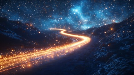 A luminous light trail meandering through the night sky with glittering stars illuminating the cosmic scene