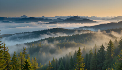 Fototapeta premium Morning light illuminates a misty valley surrounded by evergreen trees in a mountainous landscape