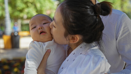 Woman kissing baby boy outdoors with love in urban park, capturing family bond and tenderness of mother and son in city environment on a sunny day.