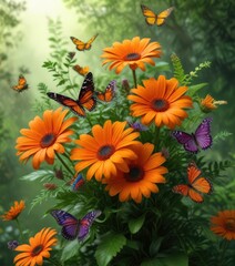 a vibrant orange daisy bouquet with multiple colorful butterflies flying around it amidst lush greenery, orange flowers, garden flowers